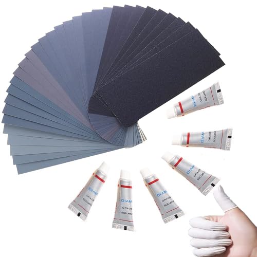 Extra Fine Sand Paper 120 to 20000 High Grit, 60 PCS Sandpaper Sheets with 10 Finger Cots, 6 Polishing Pastes, Assorted Wet Dry Sandpaper Assortment, for Car Wood Metal Furniture 9.1 x 3.6'' (60 PCS)