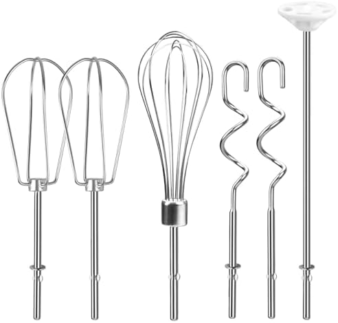 Hand Mixer Attachments Beater, Whisk, Blending Rod and Dough Hooks, Stainless Steel Hand Mixer Accessories Compatible with Kitchenaid Hand Mixers KHM3 KHM5 KHM7 KHM9, Set of 6