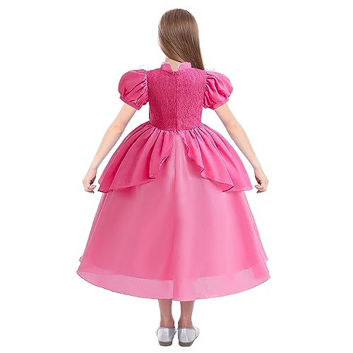 Princess Peach Dress for Girl,Super Brothers Princess Cosplay Costume,Peach Dress set With Crown Necklace Magic Wand Pink Bag Accessories, Halloween Christmas Birthday Party Carnival Cosplay Costume.