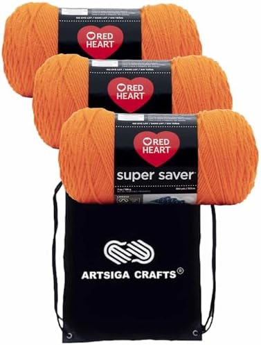 Red Heart Super Saver Pumpkin E300-254 (3-Skeins - Same Dye Lot) Worsted Medium #4 Acrylic Yarn for Crocheting and Knitting with Project Bag