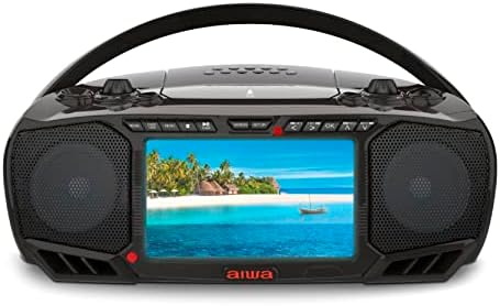 Aiwa Portable Boombox, Crystal Clear Sound with 3W x 2 Speakers and Bass Function, Featuring a 7" LCD Display, Bluetooth Connectivity, FM Radio, CD/DVD Player, Streaming on Roku and Amazon Firestick