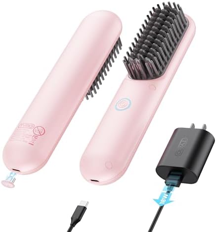 TYMO Porta Cordless Hair Straightener Brush, Portable Mini Straightening Brush for Travel, Negative Ion Hot Comb Hair Straightener for Women, Lightweight to Carry Out, USB Rechargeable, Blush