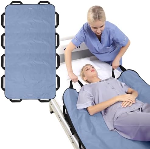 Bed Positioning Pad with Reinforced Handles 63" x 40" Washable Patient Transfer Slide Sheet for Body Lifting, Turning, Repositioning, for Elderly, Incontinence, Caregiver, Blue Gray