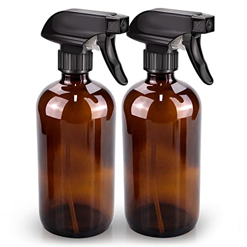 Glass Spray Bottle, Amber Glass Spray Bottle Set & Accessories for Non-toxic Window Cleaners Aromatherapy Facial Hydration Watering Flowers Hair Care (2 Pack/16 oz) (Amber)