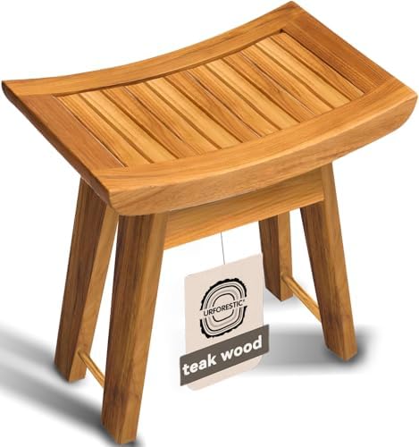 URFORESTIC Teak Shower Bench Teak Shower Stool Curved Seat,Wooden Stool for Bathroom