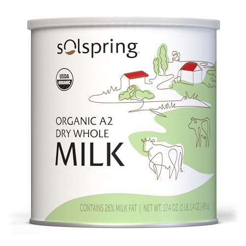 Solspring Organic A2 Dry Whole Milk, 15 Servings, 17.4 Oz. (495 g), Contains 26% Milk Fat, Gluten Free, Soy Free, Certified USDA Organic, Dr. Mercola