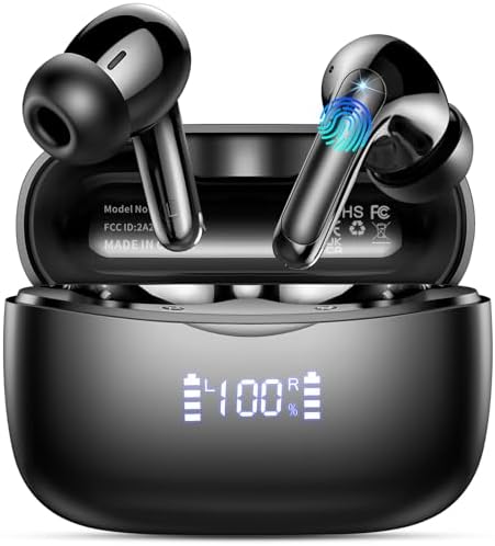 Wireless Earbuds, Bluetooth 5.3 Headphones Stereo Deep Bass with LED Display, 56H Playtime with Noise Cancelling Mic, IPX7 Waterproof in Ear Earbuds, for laptops/tablets/mobile phones/sports, Black