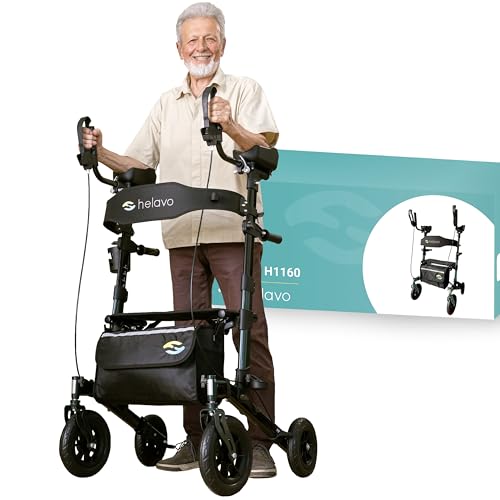 Helavo All Terrain Upright Walker with Flat-Free Solid Rubber Tires - Outdoor Stand Up Walker for Seniors - Tall Standing Rollator with Seat