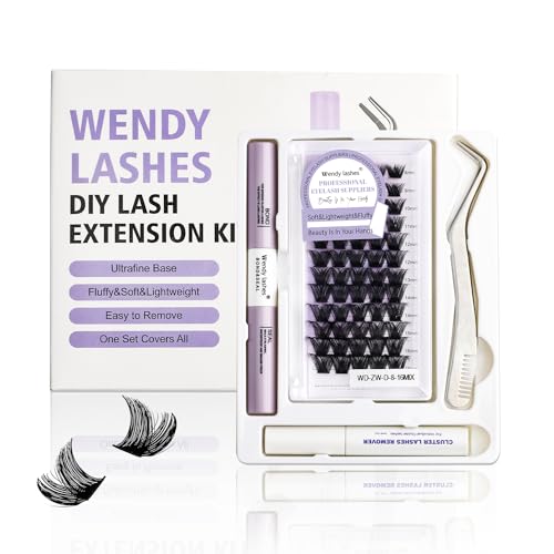 WENDY Lash Extension Kit Lash Clusters Kit D Curl Cluster Lashes Individual Lashes with Lash Bond and Seal Lash Applicator Lash Glue Remover Eyelash Clusters Use at Home(Mega-0.07D Kit,8-16mm)