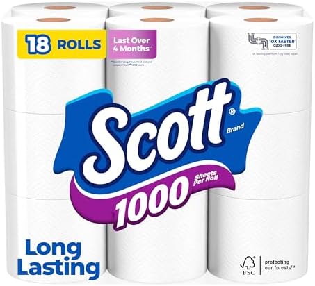 Scott 1000 Toilet Paper, 18 Rolls, Septic-Safe, 1-Ply Toilet Tissu