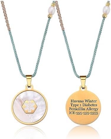 Medical Alert Necklace for Women Shell & Gold-Tone Stainless Steel Emergency ID Tag Pendant Necklace for Girls Custom Engraved Medical Alert Jewelry