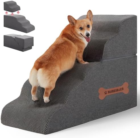 5-Step Spliceable Pet Stairs: Indoor& Outdoor Multi-Use with a Removable Cover and a Pocket, Best for Small Pets and Older Dogs Who Has Spine and Arthritis Issues to Get on High Beds, Grey（22.8" H