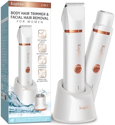 Electric Bikini Trimer Shaver Women: 2 in 1 IPX7 Waterproof Wet & Dry Use Body Hair Trimmer and Facial Hair Remover - Rechargeable Hair Removal Kit for Bikini Underarm Leg Arm Body Face