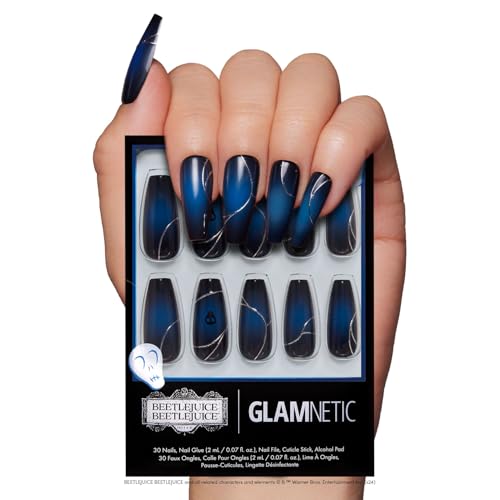 Beetlejuice Beetlejuice™ x Glamnetic Press On Nails - Ghost House™| Opaque Black & Navy Graphic Long Coffin False Nails, Reusable Stick On Fake Nails with Glue | Salon Quality | 15 Sizes - 30 Nail Kit
