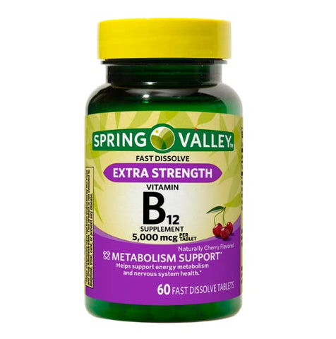 Spring Valley Extra Strength Vitamin B12 Fast Dissolve Tablets Dietary Supplement, Cherry Flavor, 5,000 mcg, 60 Count