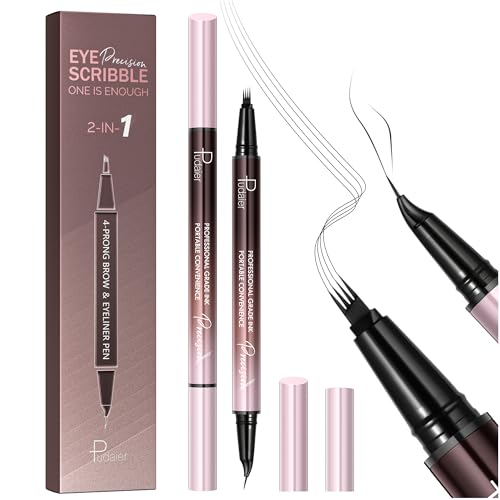 2 Pack Curved Eyebrow Pen, 2 in 1 Dual Ended Microblading Eyebrow Pencils for Women, Waterproof and Last All Day 4 Tip Brow Pencil with Precise Tip for Natural and Hair Like Brows (Natural Black)