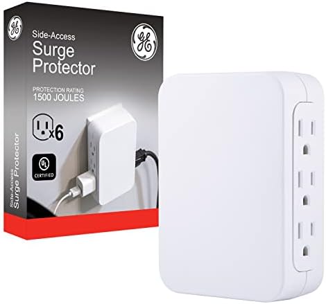 GE Pro 6-Outlet Extender, Surge Protector, Side Access, Wall Tap Adapter, 3-Prong, 1200 Joules, Warranty, UL Listed, White, 10353