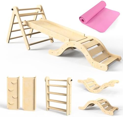 Pikler Triangle Set 7in1 Toddler Climbing Toys Indoor Foldable Baby Climbing Toys Wooden Montessori Climbing Set with Arch, Ramp, Ladder for 1-3 Years, Jungle Gym for Kids (Natural)