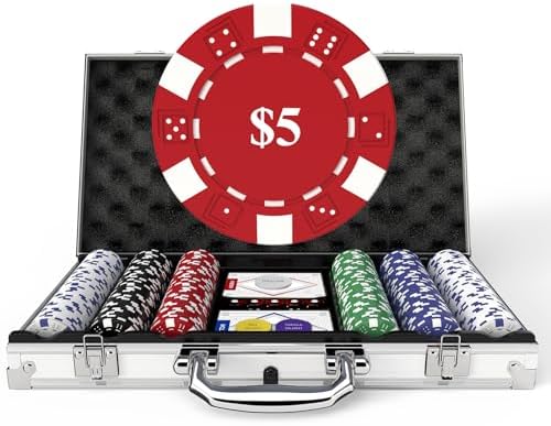 Poker Set with Denominations, 300-pcs 11.5g Weighted Numbered Chips, 5 Dice, 2 Decks with Compact Aluminum Case for Texas Hold'em, Blackjack, Age 8 and Plus