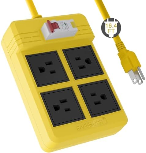 GFCI Power Strip Surge Protection Heavy Duty Extension Cord with Leakage Protection 16.4 FT 14 Gauge Outdoor Power Strip 4 Outlet Surge Protector for Workshop Garage Indoor [15 A/1875 W]