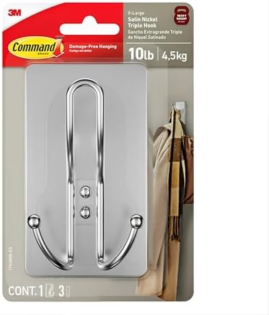 Command X-Large Satin Nickel Triple Hook, 1 Hook, 3 Strips, Damage Free Hanging Wall Hooks with Adhesive Strips, No Tools Wall Hooks for Hanging Decorations in Living Spaces