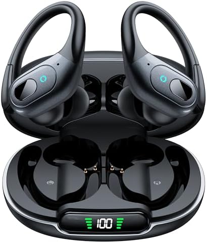 occiam Wireless Earbuds Bluetooth 5.3 Sport Headphonese with LED Charging Case, 90H Playback Sweatproof Over Ear Running Ear Buds with Earhooks Workout Earphones for iOS Android,Black