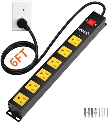 Power Strip 2700J Surge Protector, 6 Outlet Heavy Duty Power Strips with Flat Plug and 6FT Long Cord, Wall Mountable Metal Outlet Strip for Desk, Garage, Workbench and Kitchen