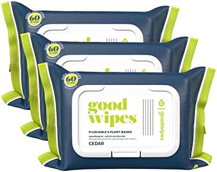 Goodwipes Flushable Butt Wipes Made with Vitamin E & Aloe - Soft & Gentle Wet Wipe Dispenser for Home Use, Septic & Sewer Safe - Largest Adult Toilet Towelettes - Cedar, 180 Count (3 Packs)