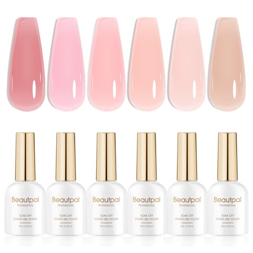 Beautpal Jelly Nude Pink Gel Nail Polish of 6 Colors Translucent Milky White Nude Sheer Gel Polish Kit for Salon Gel Manicure and Nail Art DIY at Home 8ml
