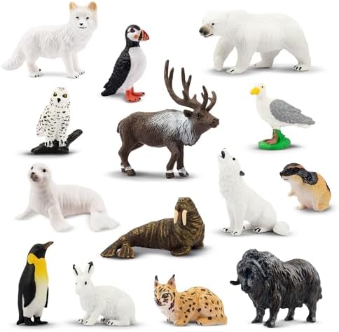 Toymany 14PCS Mini Arctic Animals Figurines Set, Polar Animals Toys with Polar Bear, Caribou, Penguin, Walrus, Wolf Figurines Cake Toppers Birthday Easter Gifts for Preschool Kids