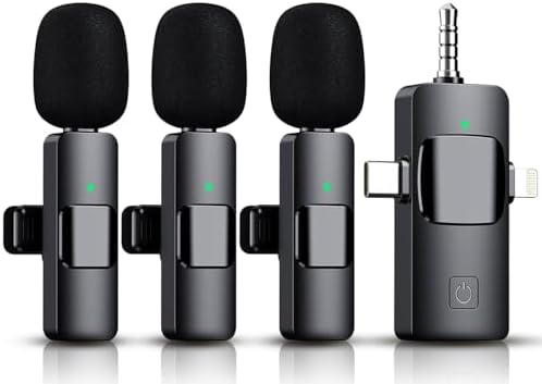 3 in 1 Wireless Lavalier Microphone for iPhone, iPad, Android, Camera,12-Hour Battery, mini Noise Reduction Recording Mic 2.4G Ultra-Low Delay, Microphone for Vlog/ TikTok/YouTube Live Stream( 3 Mic)