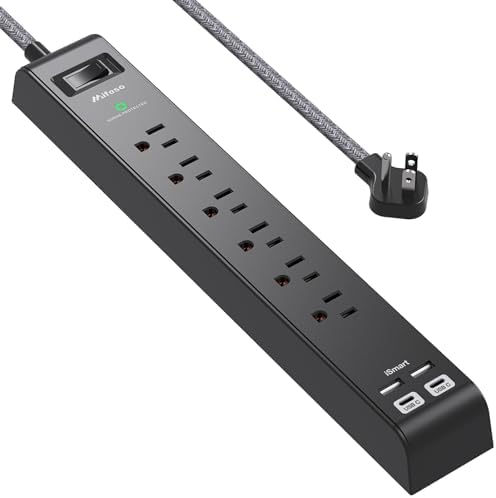 Surge Protector Power Strip - 6 Outlets 4 USB Charging Ports, 5Ft Braided Extension Cord, Flat Plug, Overload Protection, Wall Mount for Home Office, Dorm Room Essentials, Black