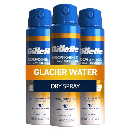 Gillette Aluminum Free Deodorant for Men, Dry Spray, Glacier Water, 4.3oz (Pack of 3)