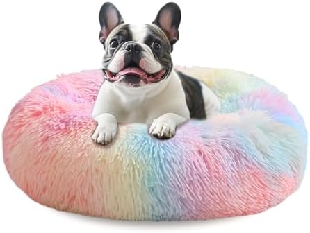JOLLYVOGUE Donut Dog Bed for Medium Dogs, Anti-Anxiety Washable Round Bed, Calming Donut Dog Cat Bed for Puppy Bed, Fluffy Dog Beds for Large Dogs, Round Puppy Bed for Indoor Pet, 31"/Rainbow