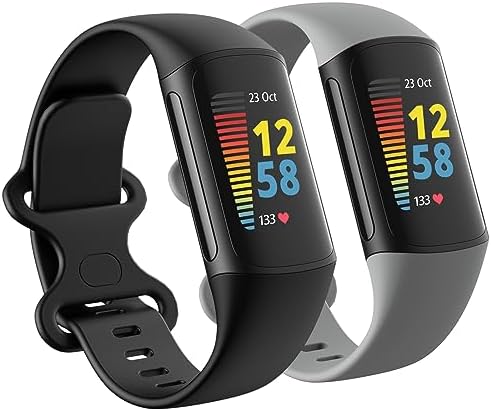 2 Pack Waterproof Bands Compatible with Fitbit Charge 5 / Fitbit Charge 6 for Women Men, Classic Soft Sports Replacement Wristbands for Women Men (Large 7.1''-9.1'', black/grey)