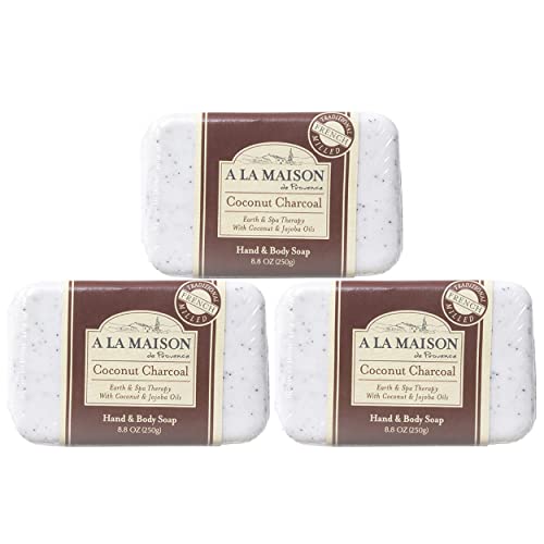 A LA MAISON Coconut Charcoal Bar Soap - Uses: Hand and Body, Triple Milled, Essential Oils, Biodegradable, Plant Based, Vegan, Cruelty-Free, Alcohol & Paraben Free (3 Bars of Soap, 8.8 oz)
