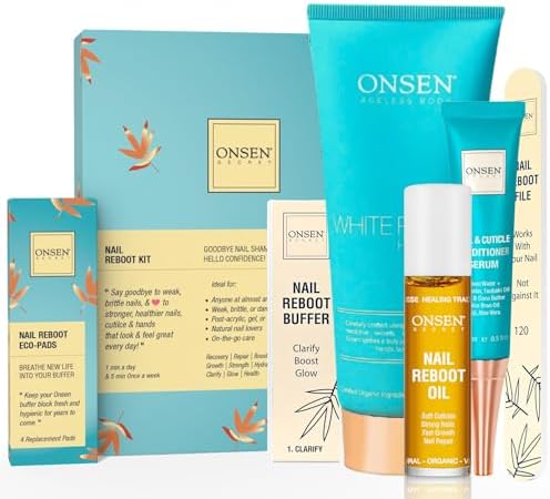 Onsen Secret Ultimate Nail Reboot Kit - Professional Nail File and Buffer, 3-Way Block w/Replacement Pads, Nail Strengthening Cuticle Cream, Reboot Oil & Anti Aging Hand Lotion