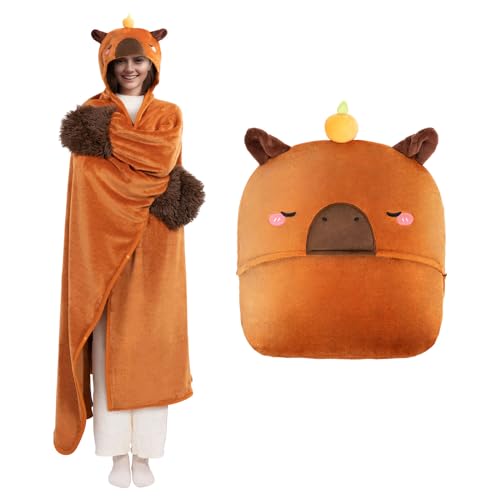 Mewaii Wearable Oversized Blanket Hoodie for Adults, Capybara Blanket Hooded Cloak, Warm and Cozy Flannel Cute Animal Blanket Hoodie, Funny Christmas Blanket Gifts for Women and Males