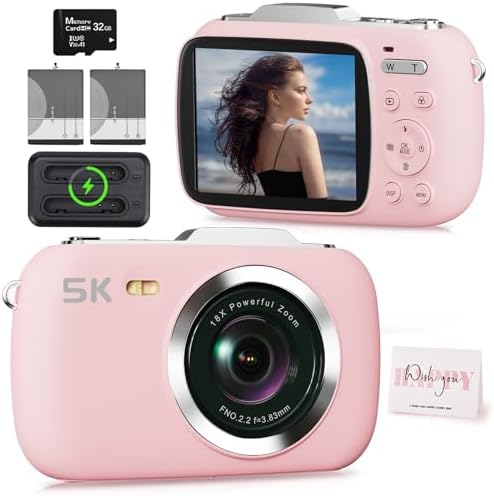 Digital Camera,5K Cameras for Photography,80MP UHD Portable Vlogging Camera,Cheap 18X Zoom Travel Point and Shoot Camera with 32GB TF Card,Photography Cameras for Beginners Teen - Pink