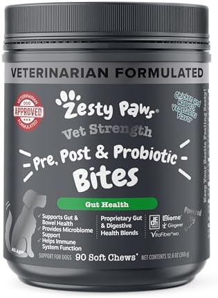 Zesty Paws Probiotics for Dogs - Digestive Enzymes for Gut Flora, Digestive Health, Diarrhea & Bowel Support - Clinically Studied DE111 - Dog Supplement Soft Chew for Pet Immune System - VS, 90 Count
