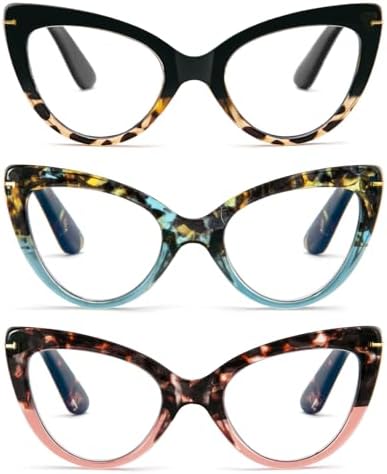 DXYXYO 3 Pack Cat Eye Reading Glasses for Women Fashion Blue Light Blocking Thick Frame Readers, +1.75