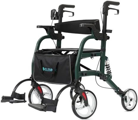 ELENKER 2 in 1 Rollator Walker & Transport Chair for Seniors, Folding Rolling Walker Wheelchair Combo with Wide Seat and Shock Absorber, Green