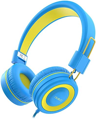 Kids Headphones, K8 Wired Headphones for Kids with Adjustable Headband, 3.5 MM Jack for School, Foldable On-Ear Headset for Girls Boys Kindle Tablet Cellphones Airplane Travel(Blue Yellow)