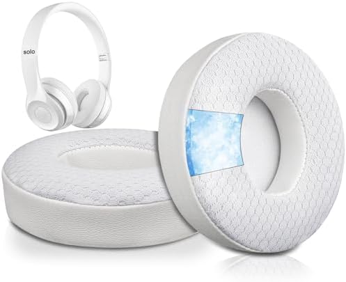 SoloWIT Cooling Gel Replacement Ear Pads Cushions for Beats Solo 2 & Solo 3 Wireless On-Ear Headphones, Solo2 Solo3 Earpads with High-Density Noise Isolation Foam, Added Thickness - White
