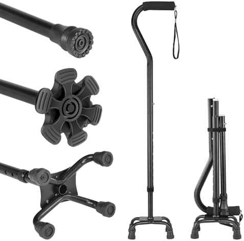 Adjustable Walking Cane for Women ＆ Men with 4-Pronged Base for Extra Stability, Foam Padded Offset Handle for Soft Grip, Foldable Cane for Seniors for Stability with 3 Different Cane Tips