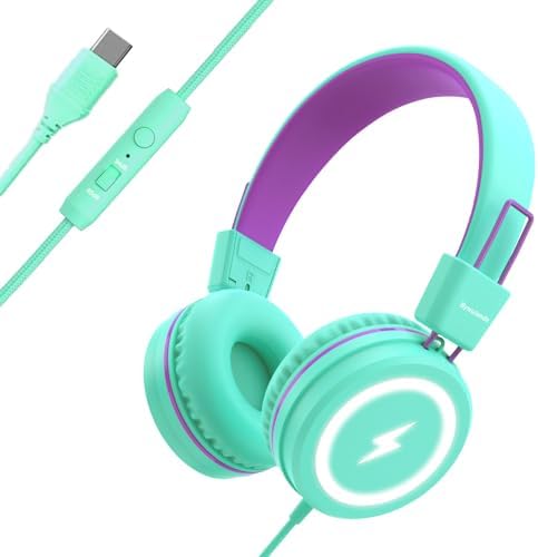 Kids Headphones with LED Lights for School, Upgrade USB Type C Kid Headphone with Microphone, Volume Limiter 85/94dB, Wired On Ear Headphones for Boys/Girls/Tablet/Travel -Green