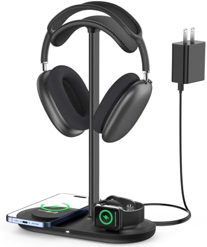 HiWe 3-in-1 Headphone Stand - Universal Desktop Gaming Headset Holder with Wireless Charger for Phones/AirPods/iWatch, Aluminum Alloy Rod, Leather Pad, ABS Solid Base, Black