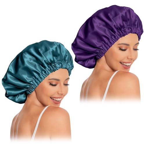Satin Bonnet Silk Bonnet Hair Bonnet for Sleeping-Slouchy Beanie Hat Satin Sleep Cap for Women's Natural & Curly Hair(Blue Zircon&Purple)