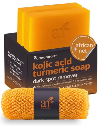 Artnaturals Kojic Acid Soap + African Net Sponge (2 pack X 142g Turmeric bars) Dark spot remover & Scars - Original Japanese Complex Vitamin C, Hyaluronic Acid, retinol, shea butter (Citrus)