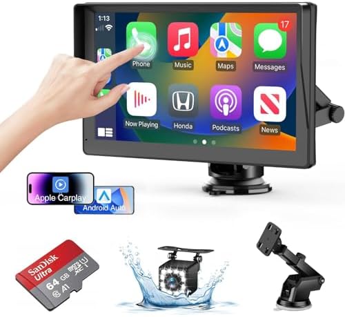 Portable Wireless Carplay Screen for Car Apple Carplay & Android Auto, 9" HD Touch Screen Car Stereo with 1080P Backup Camera/GPS Navigation/Mirror Link/Voice Control/Aux/TF Card Fits Cars
